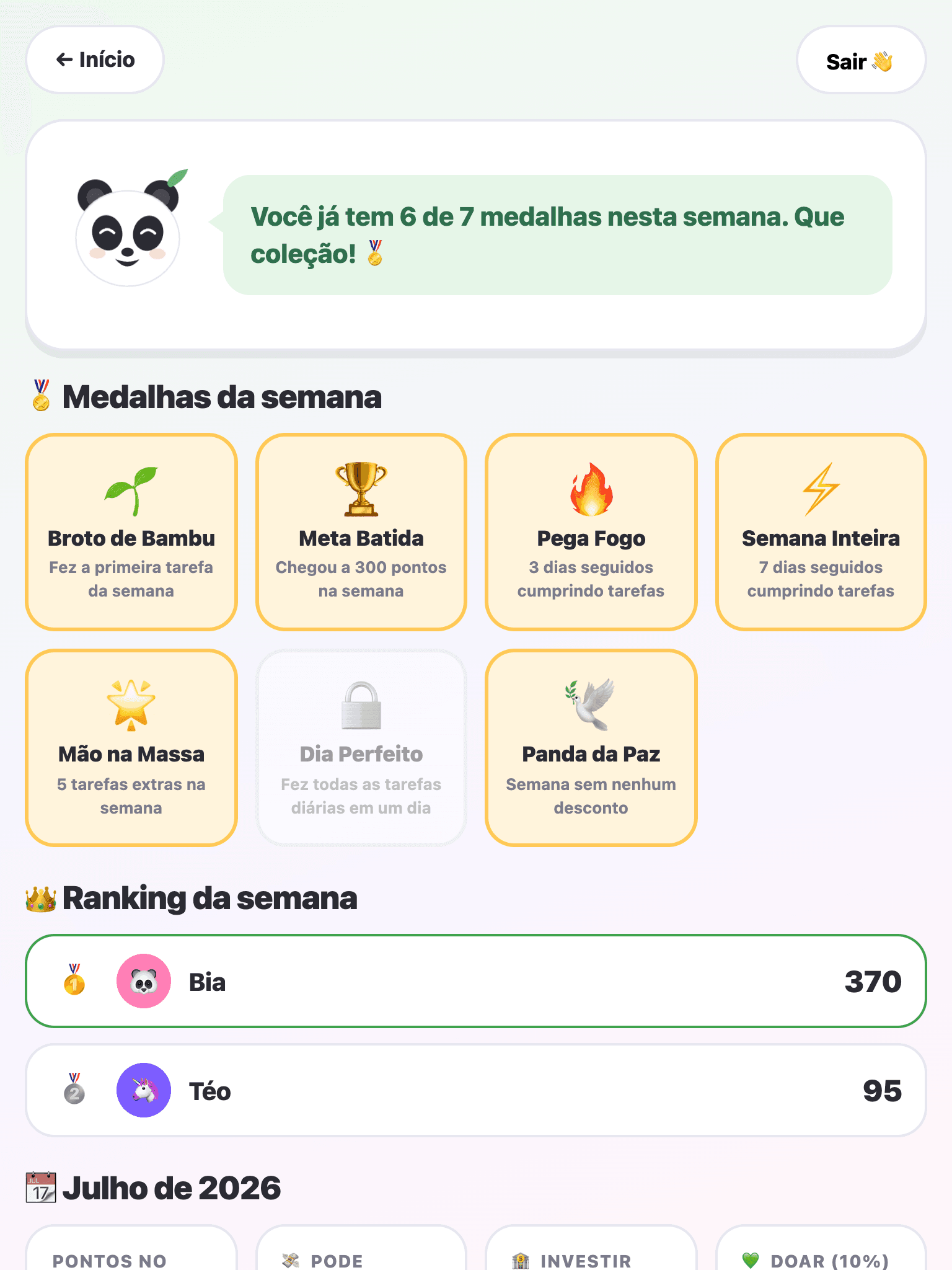 Tela de conquistas, com as medalhas da semana