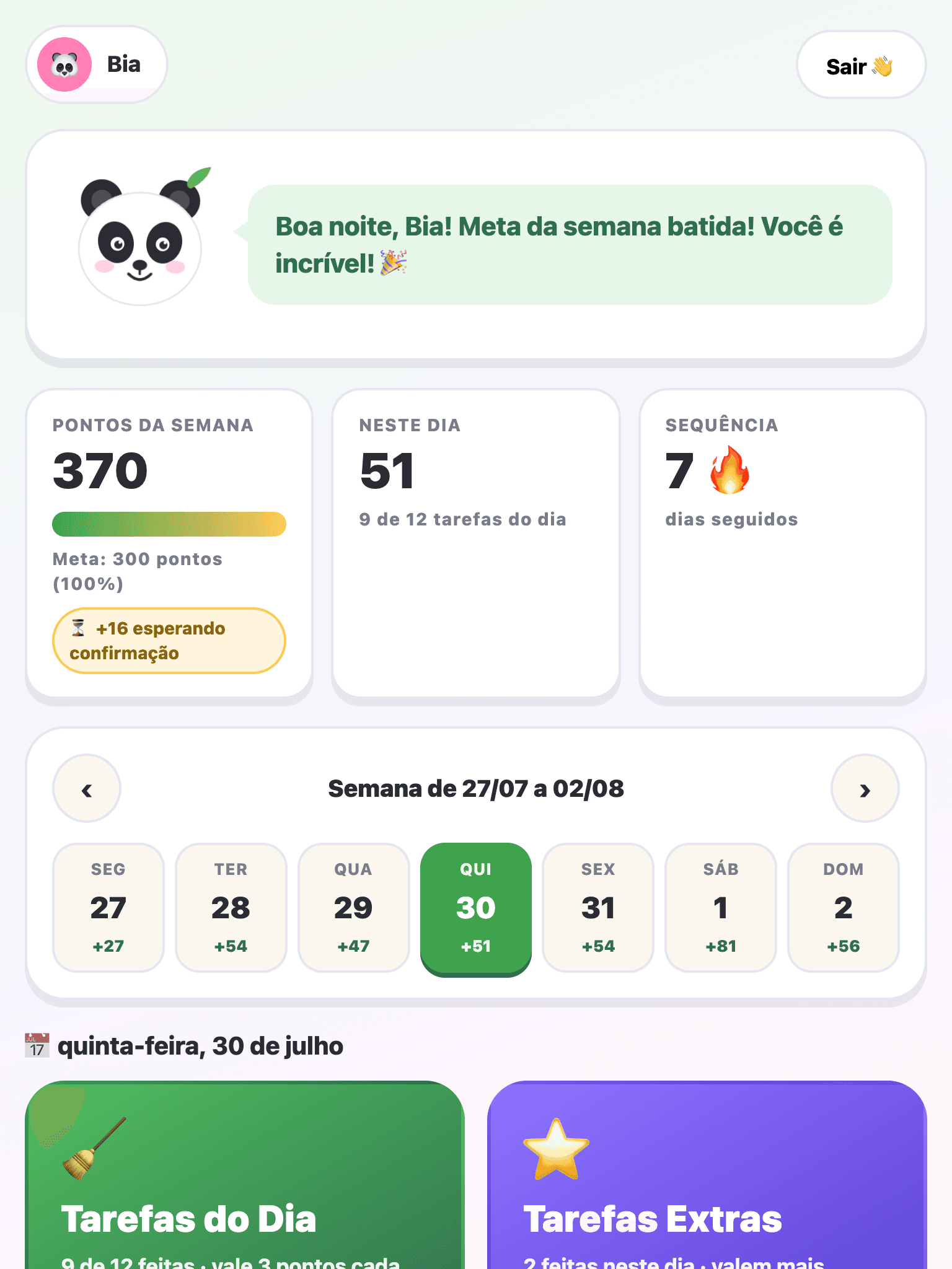 Tela do OiPanda! no aparelho da criança, com os pontos da semana e as tarefas do dia